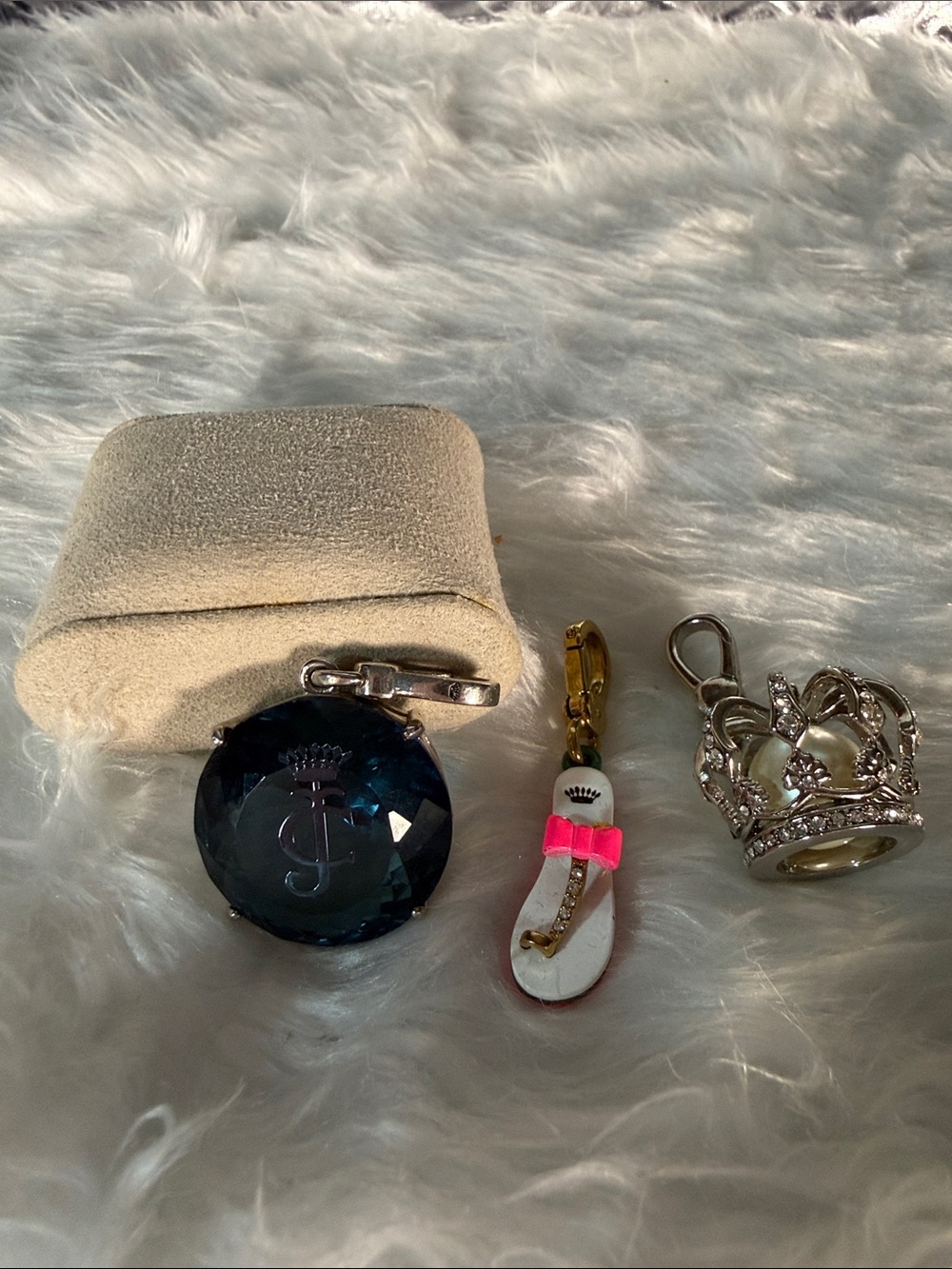 Juicy Couture Blue Crystal Crown Charm Keychain with Enamel Flip Charm